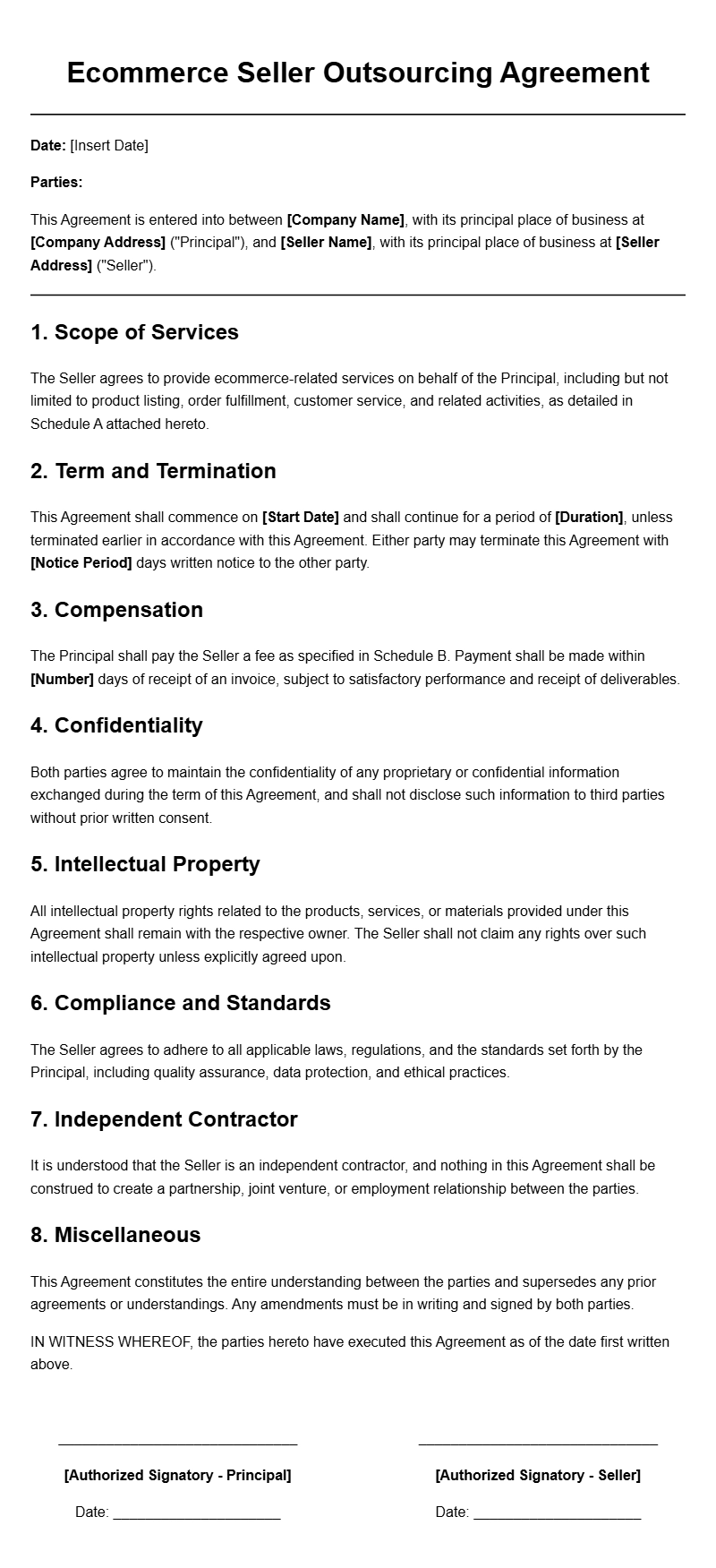 Ecommerce Seller Outsourcing Agreement Templates