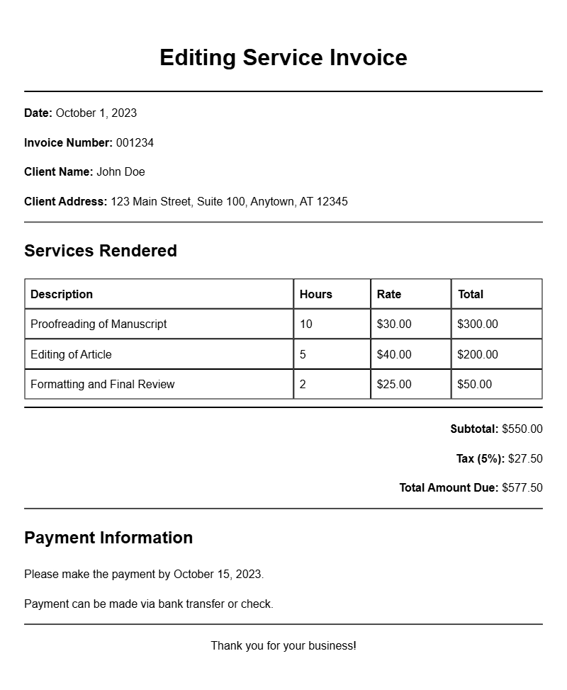 Editing Service Invoice Samples for Your Business Needs