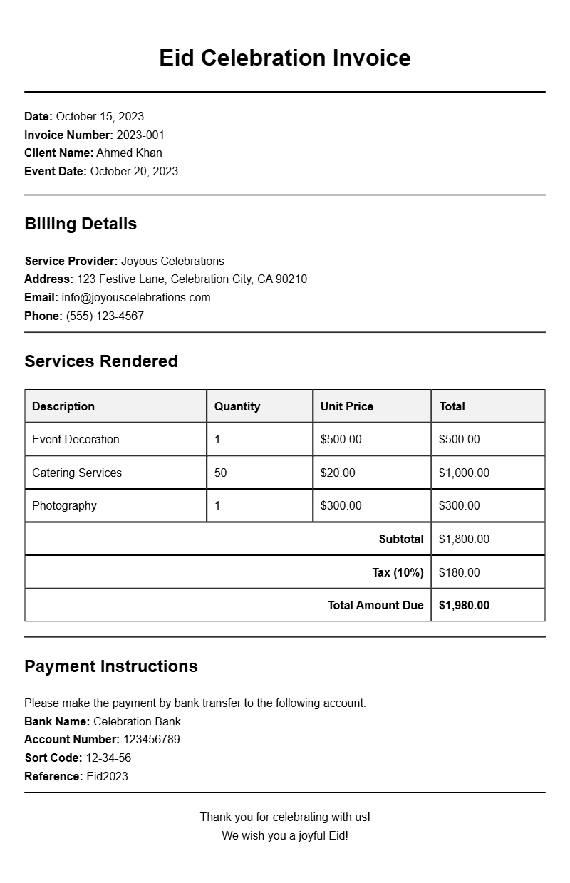 Eid Celebration Invoice Samples for Your Festive Events