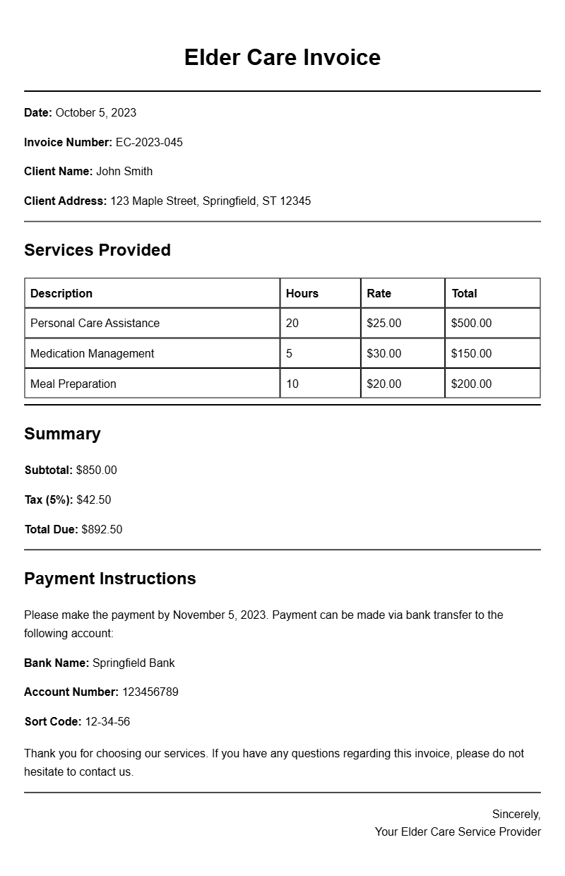 Elder Care Invoice Samples for Professional Services