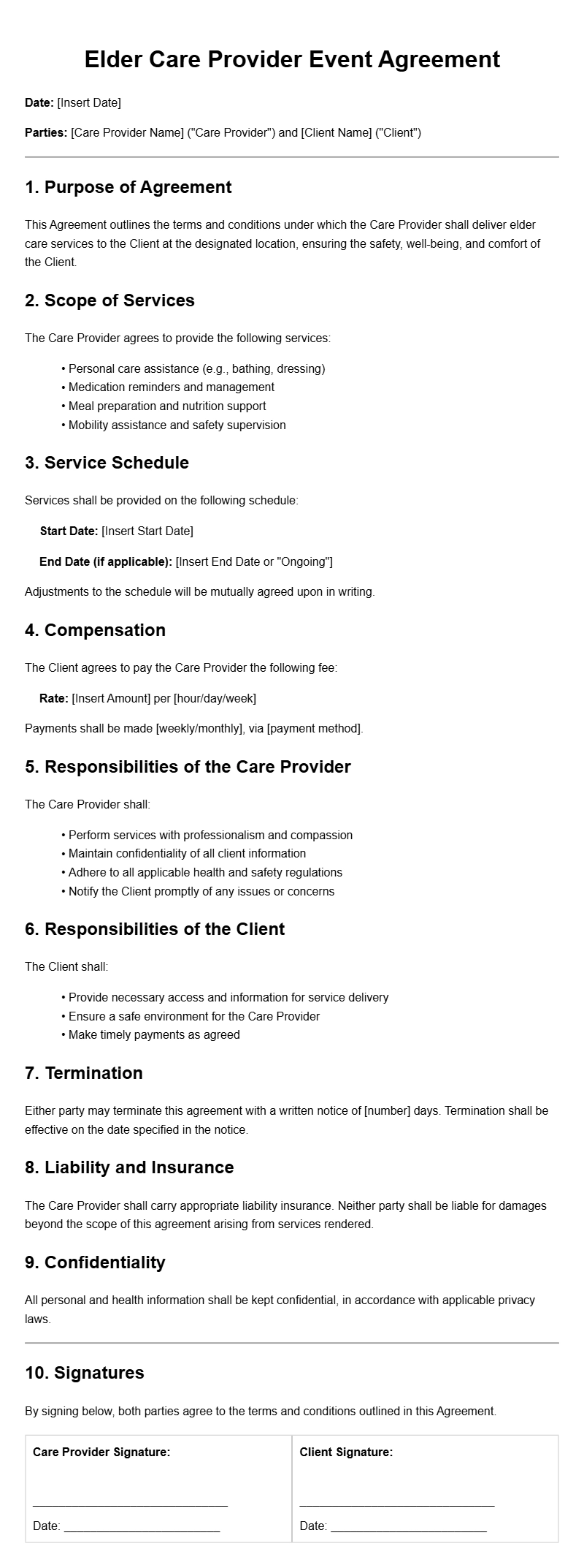 Elder Care Provider Event Agreement Templates