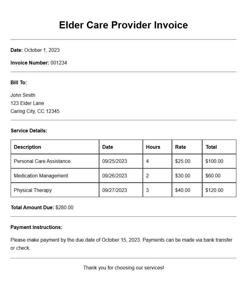 Elder Care Provider Invoice Samples for Easy Billing
