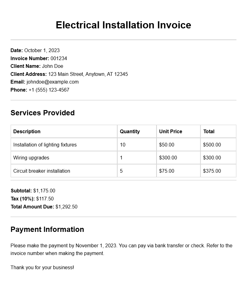 Electrical Installation Invoice Samples for Your Business
