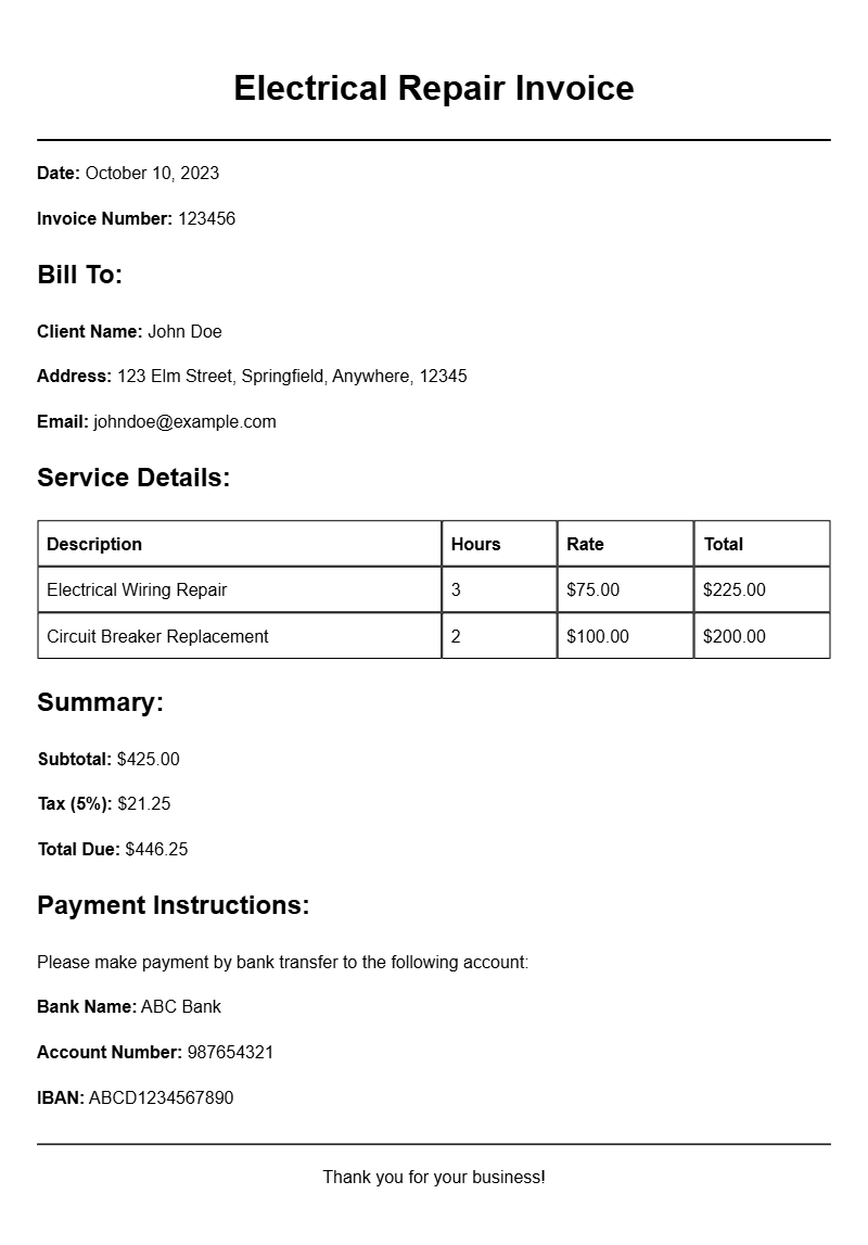 Electrical Repair Invoice Samples for Your Business Needs