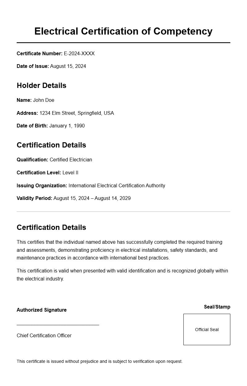 Professional Electrician Certificate Templates for Certification
