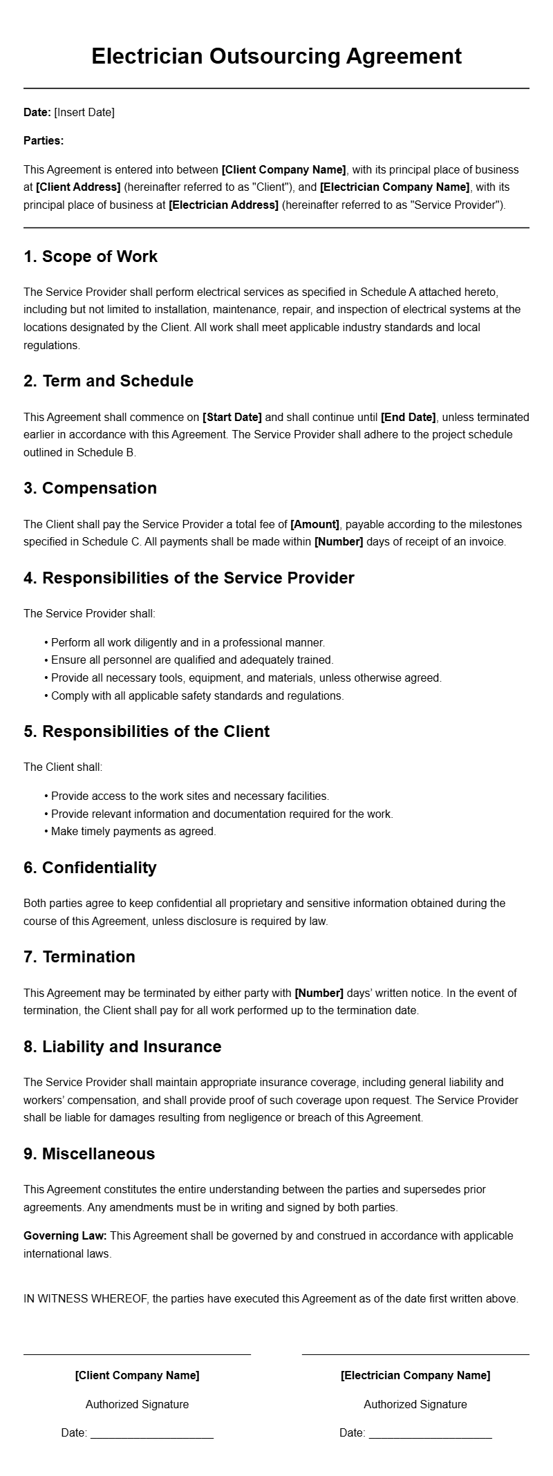 Electrician Outsourcing Agreement Templates for Your Business