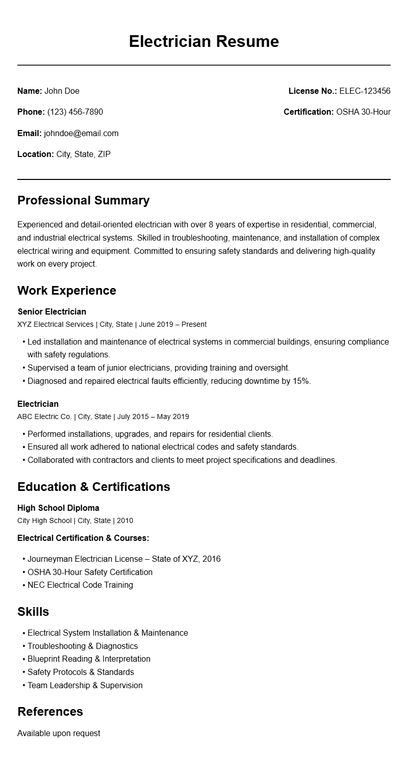 Professional Electrician Resume Templates to Showcase Your Skills
