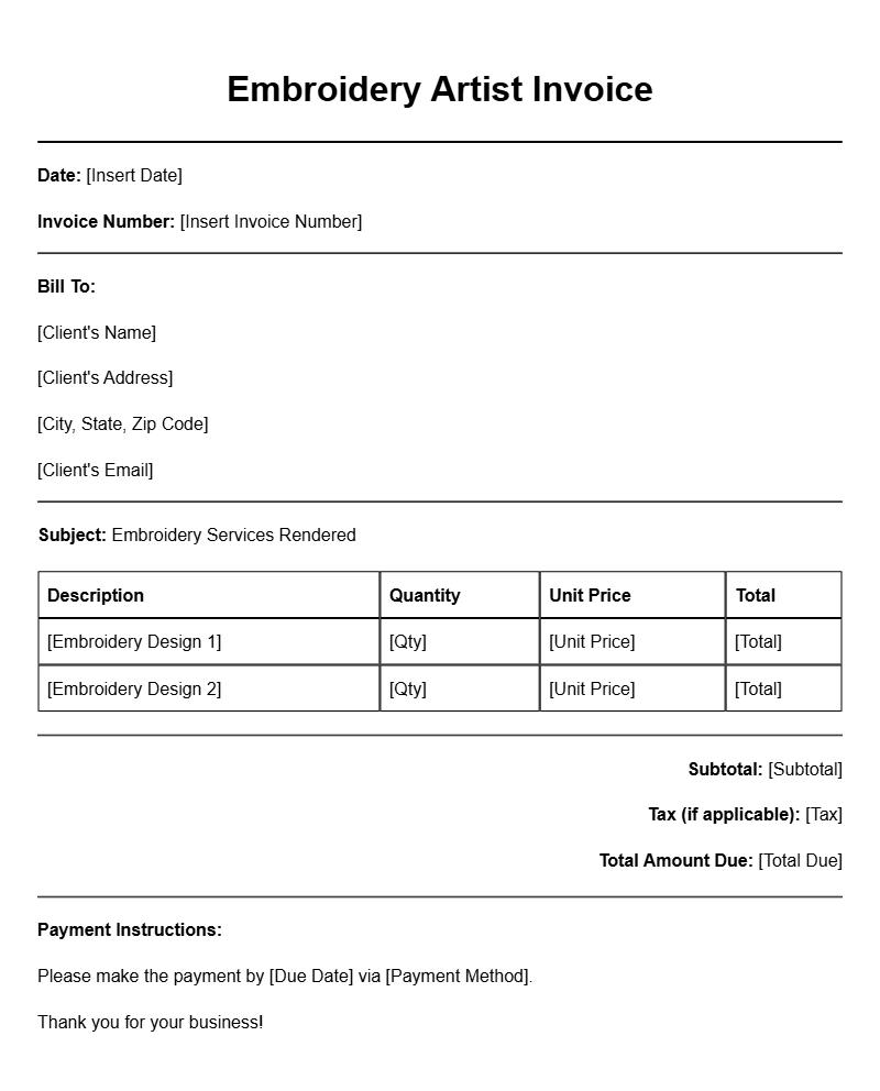 Embroidery Artist Invoice Templates for Your Creative Business