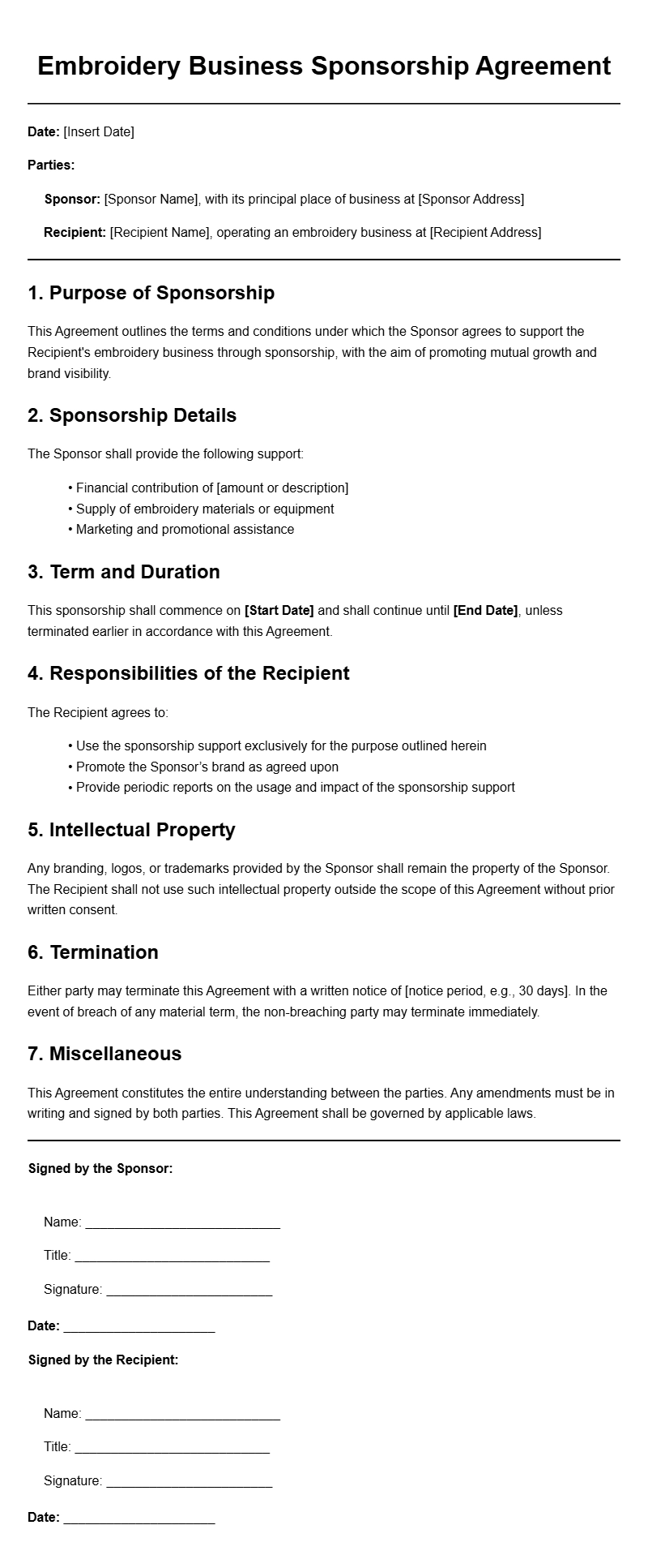 Embroidery Business Sponsorship Agreement Templates