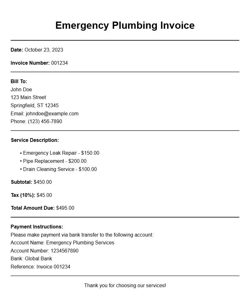 Emergency Plumbing Invoice Samples for Your Business Needs