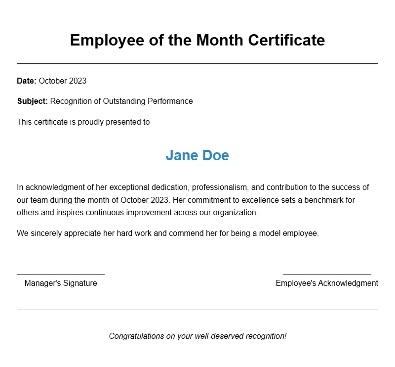 Employee of the Month Certificate Samples for Recognition