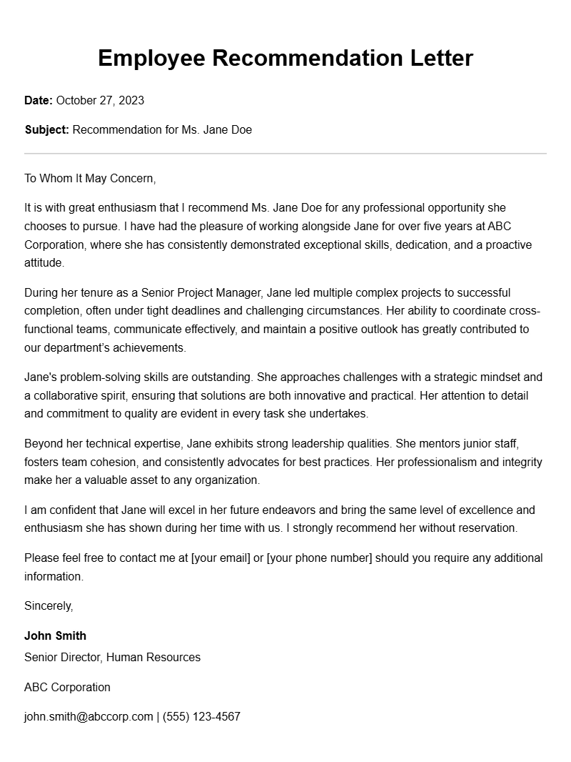 Employee Recommendation Letter Samples for Professionals