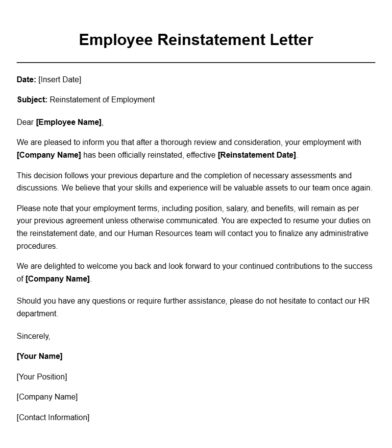 Employee Reinstatement Letter Templates for a Professional Resumption