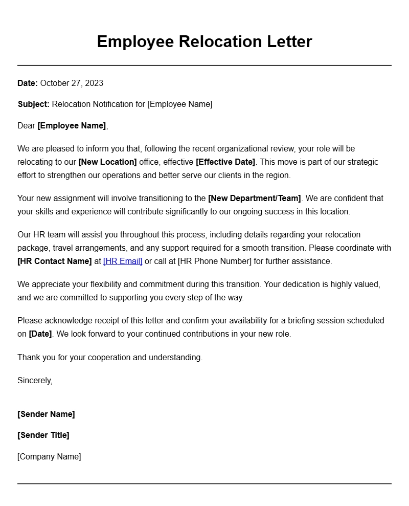 Sample Employee Relocation Letters for Professional Use