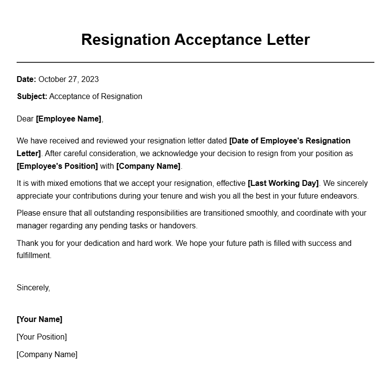 Professional Employee Resignation Acceptance Letter Templates