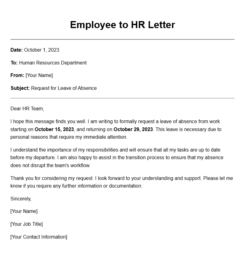 Employee to HR Letter Samples for Various Situations