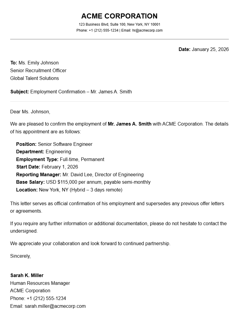 Sample Employment Confirmation Letters
