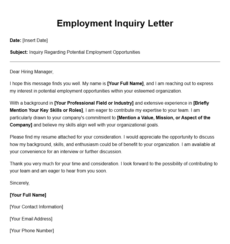 Employment Inquiry Letter Templates for Professional Use