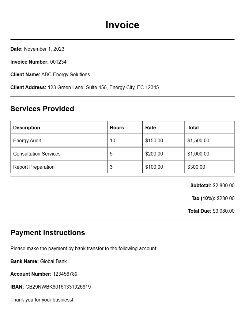 Energy Consultant Invoice Samples for Easy Reference
