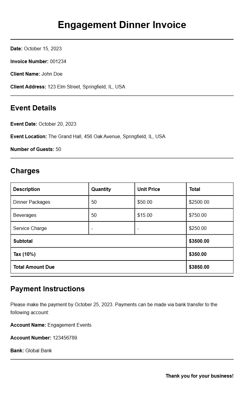 Engagement Dinner Invoice Templates for Your Event Planning