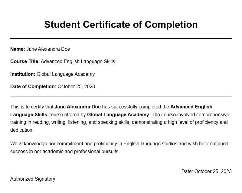 English Student Certificate Sample Templates