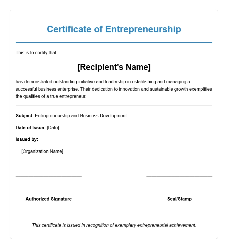 Sample Entrepreneur Certificate Templates for Recognition