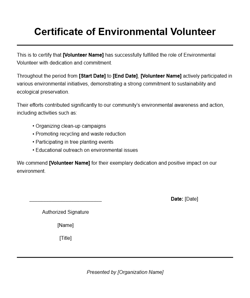 Environmental Volunteer Certificate Templates for Recognition