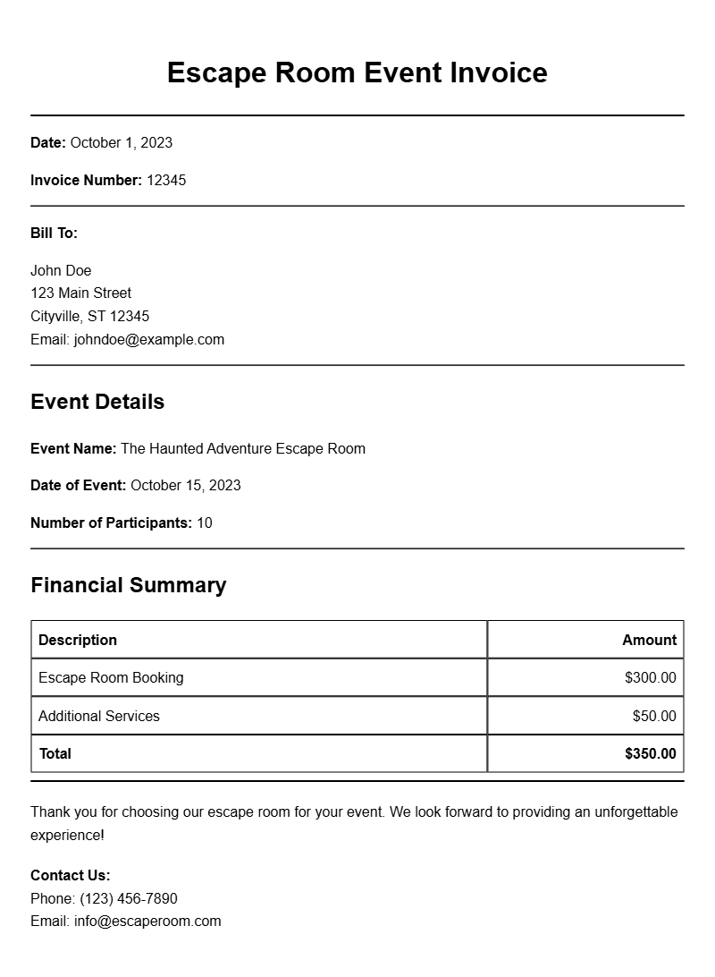 Escape Room Event Invoice Templates for Easy Billing