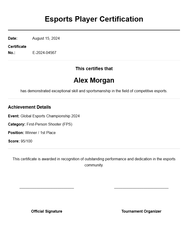 Esports Player Certificate Samples for Recognizing Talent