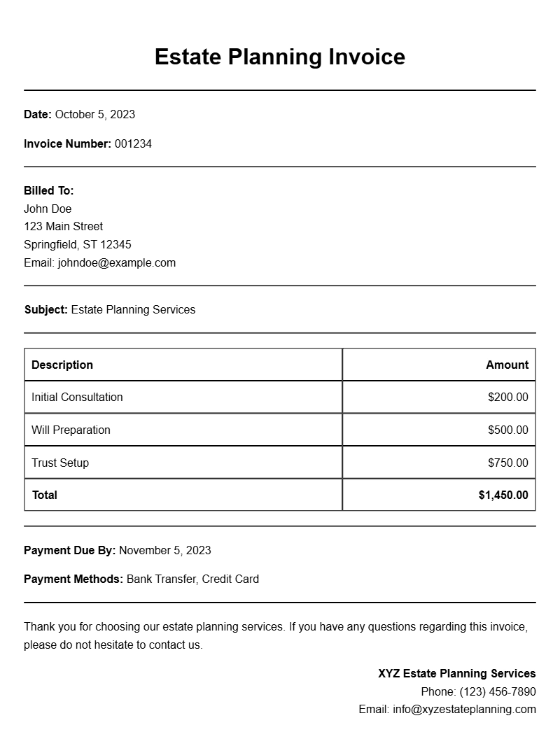 Estate Planner Invoice Samples for Professional Use