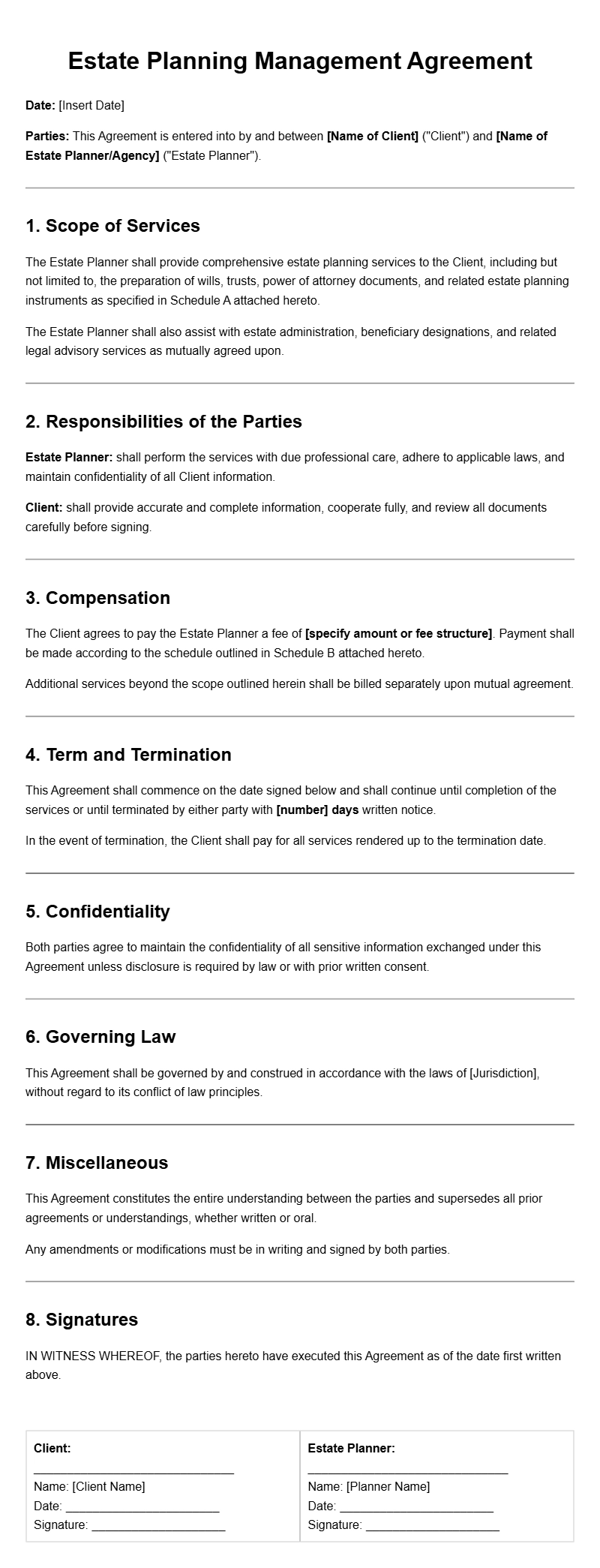 Estate Planner Management Agreement Templates for Smooth Planning