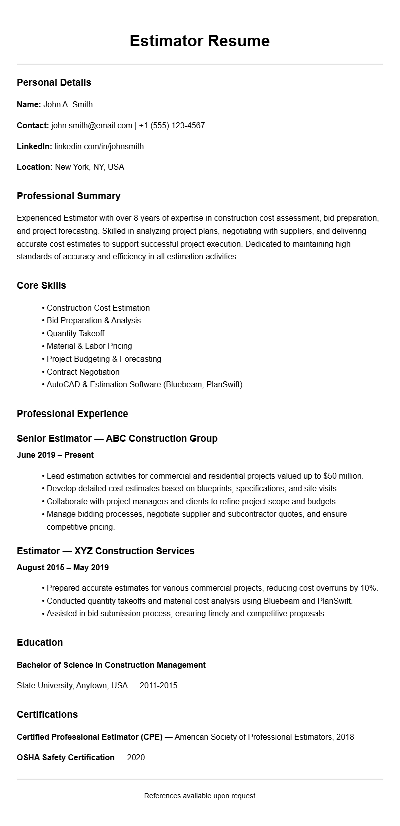 Estimator Resume Samples to Showcase Your Skills