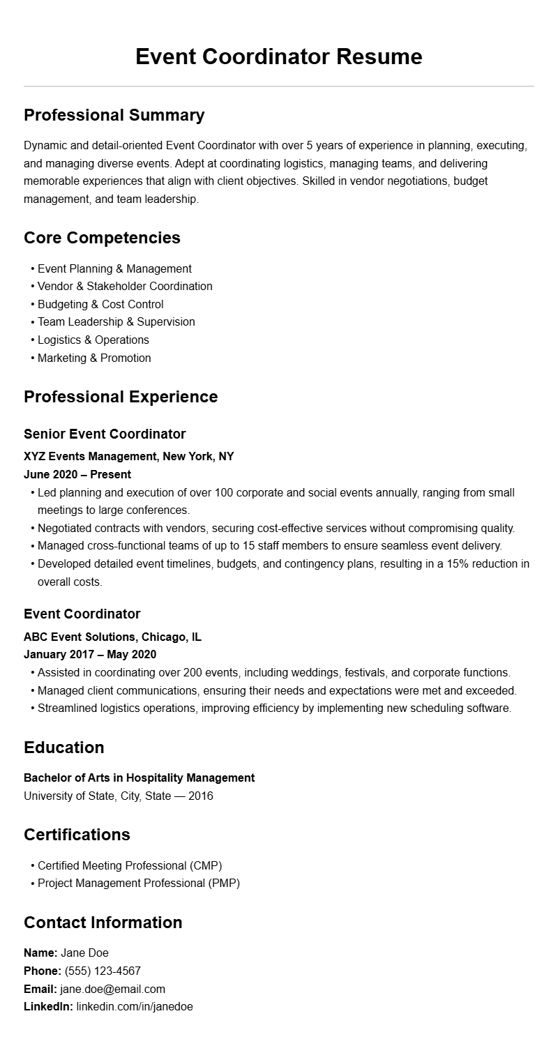 Professional Event Coordinator Resume Templates for Success
