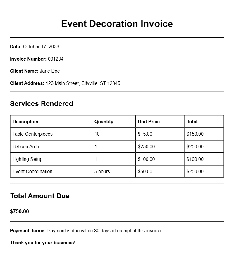 Event Decoration Invoice Templates for Easy Billing