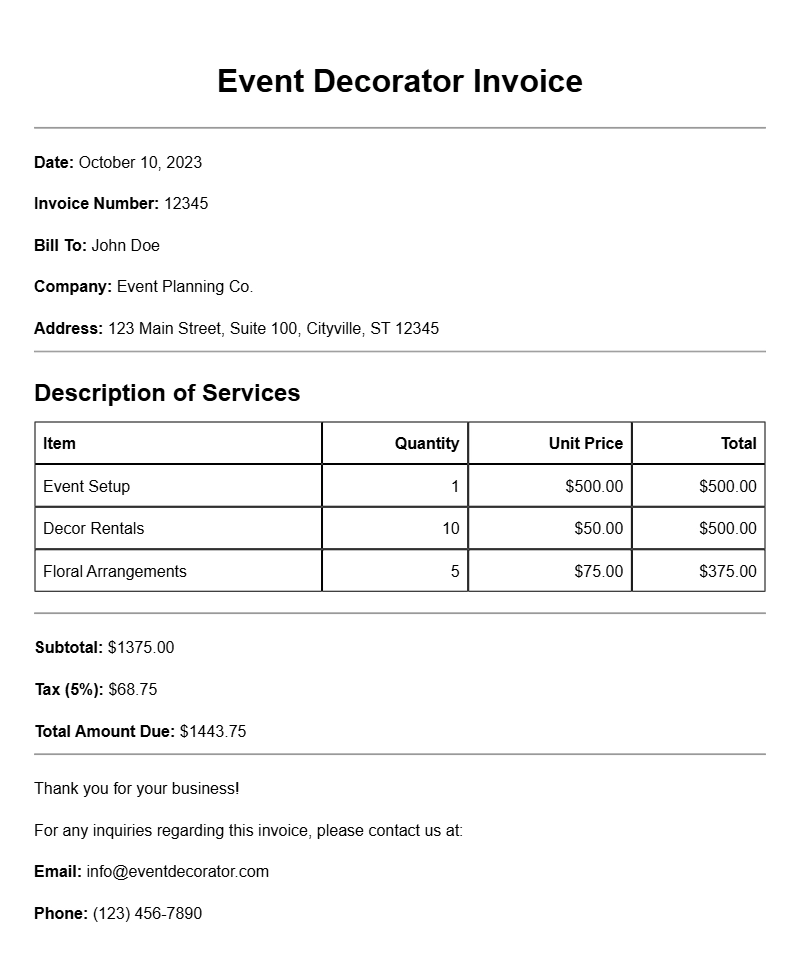 Event Decorator Invoice Templates for Professional Use