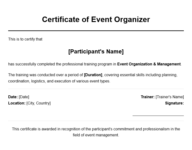 Event Organizer Certificate Samples and Templates
