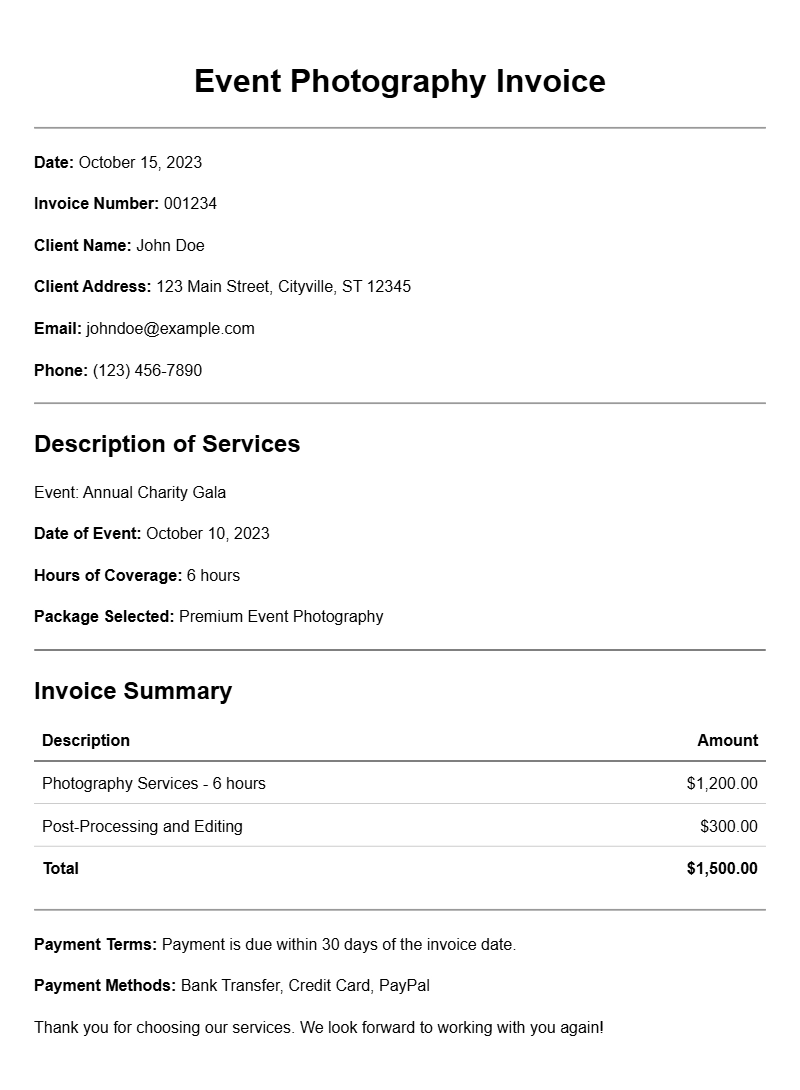 Event Photography Invoice Samples for Your Business