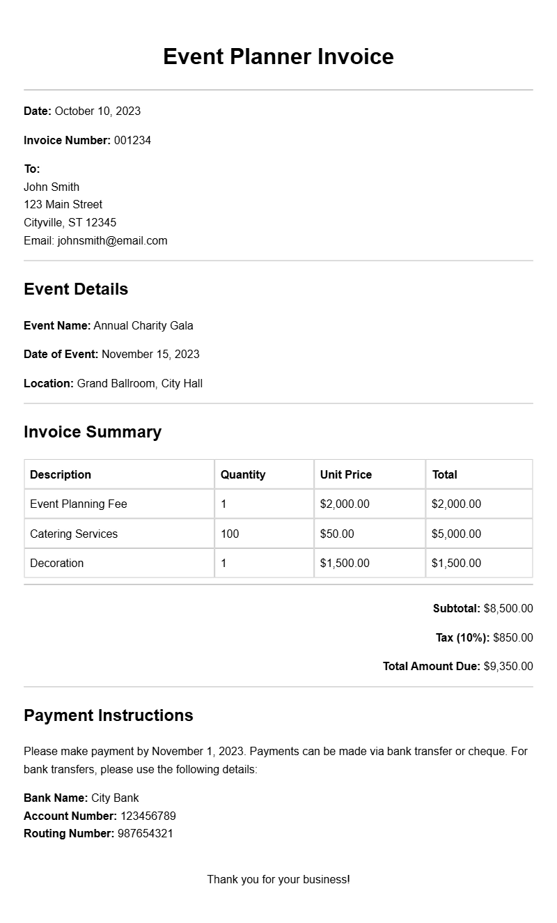 Event Planner Invoice Samples for Your Business Needs