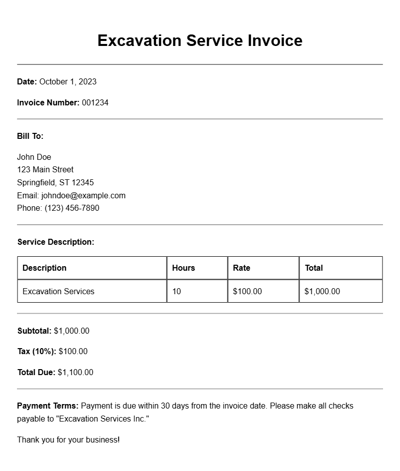 Excavation Service Invoice Samples for Your Business Needs