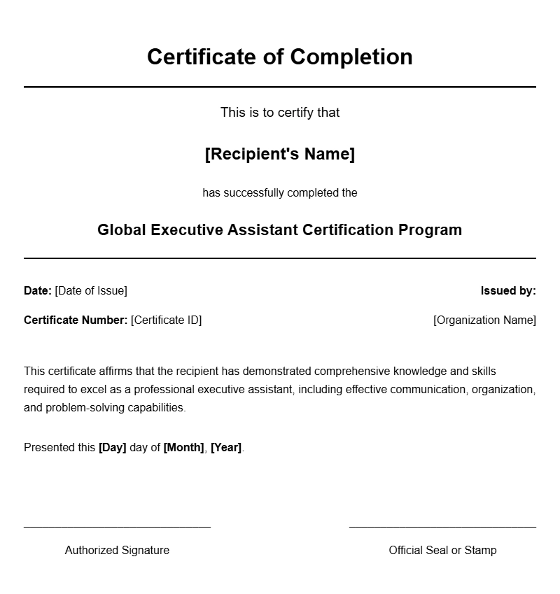 Executive Assistant Certificate Templates for Professional Recognition