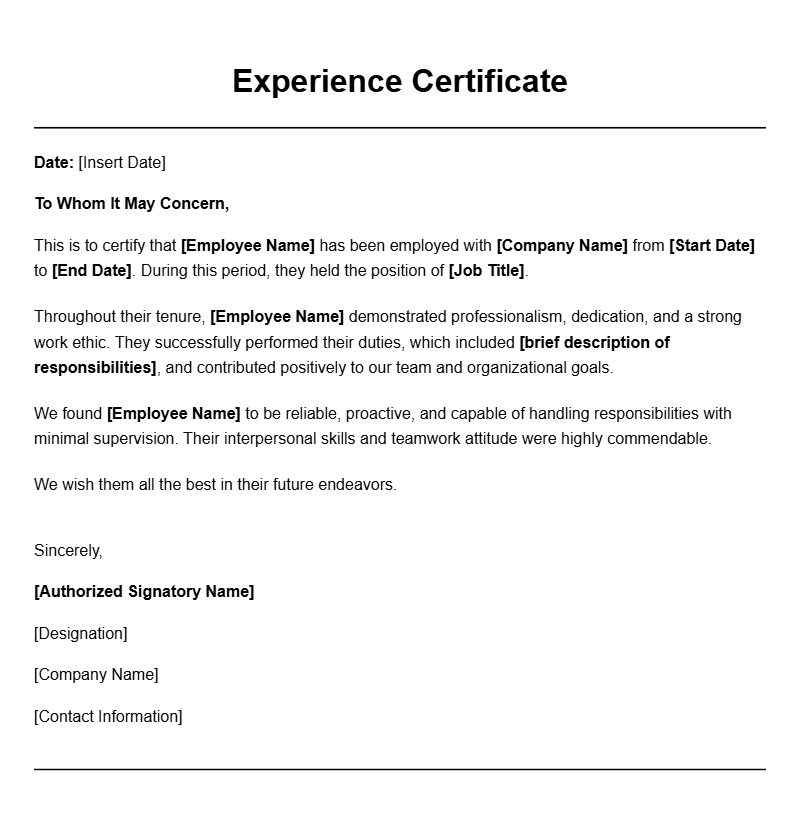 Experience Certificate Letter Templates for Professional Use
