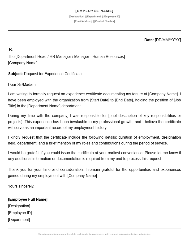 Experience Certificate Request Letter Templates