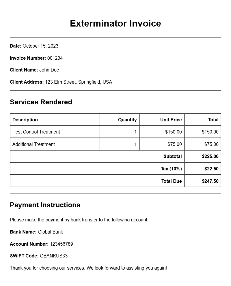 Exterminator Invoice Samples for Professional Use