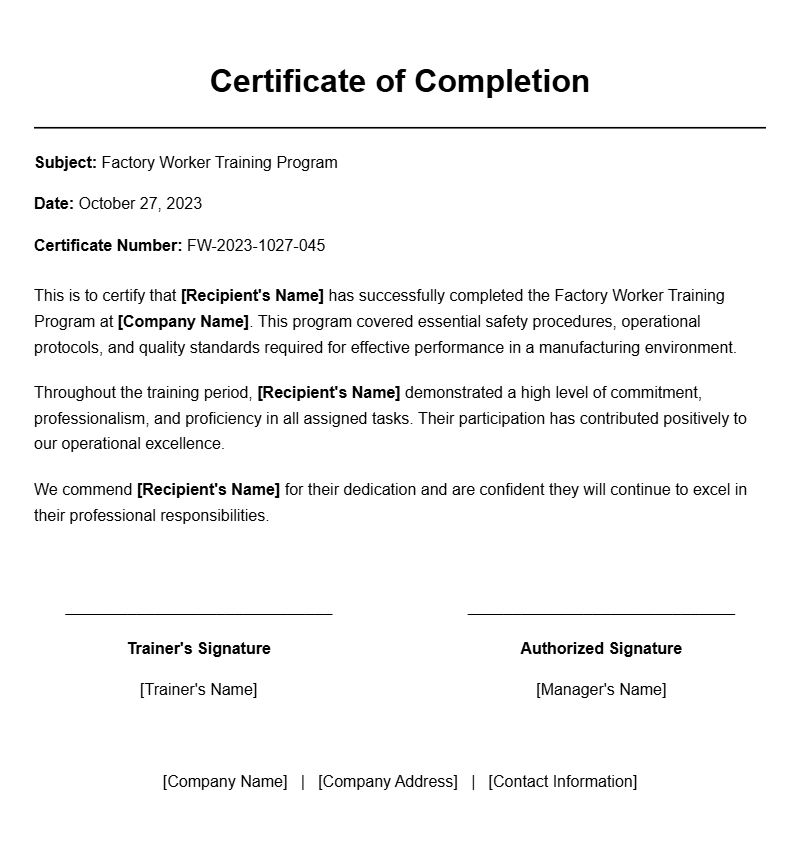 Factory Worker Certificate Samples for Professional Recognition