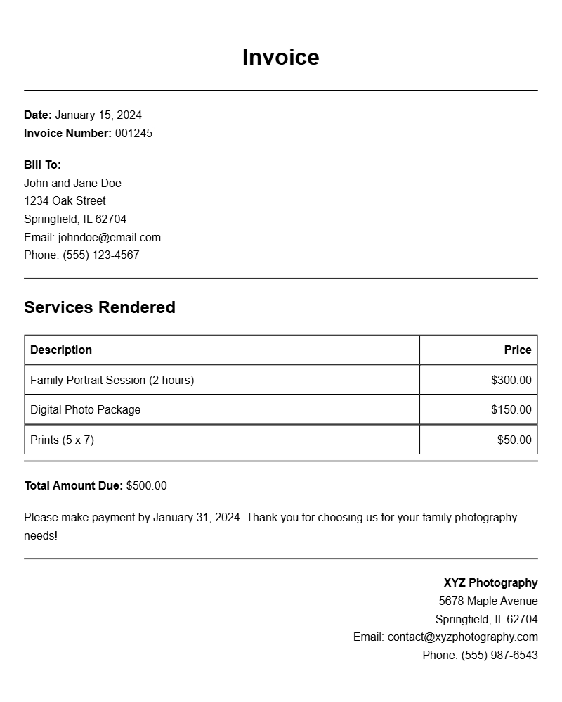 Family Photographer Invoice Templates for Easy Billing