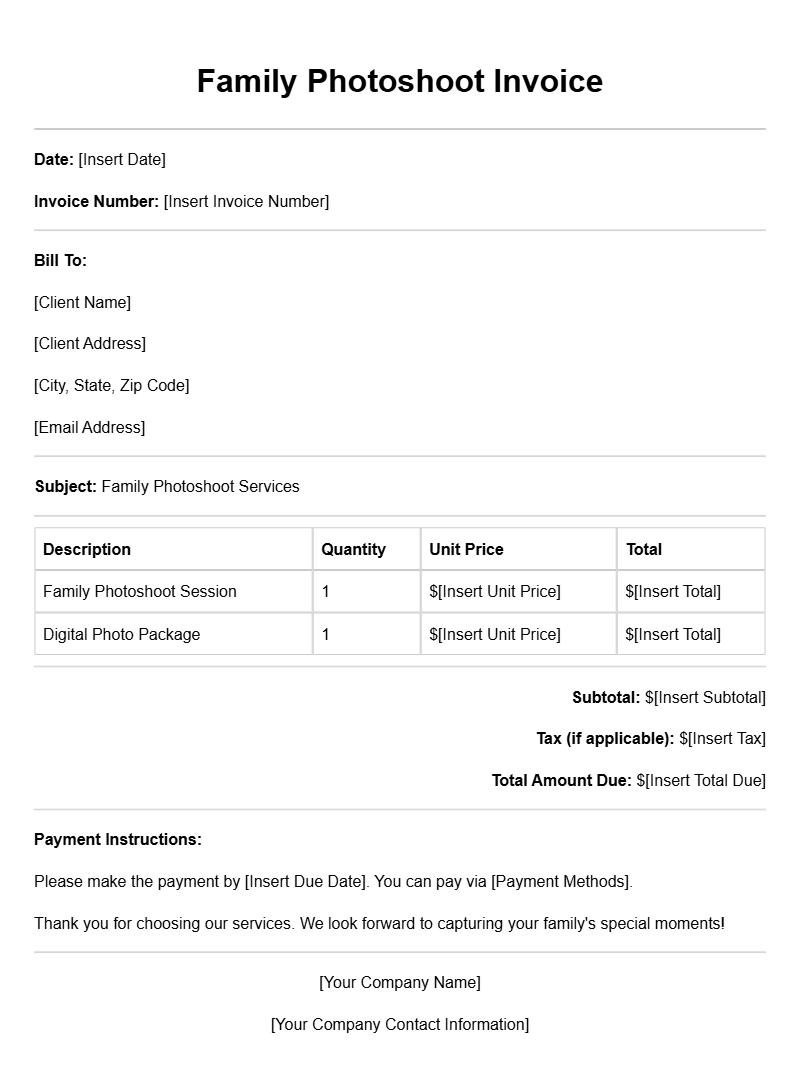 Family Photoshoot Invoice Templates for Easy Billing