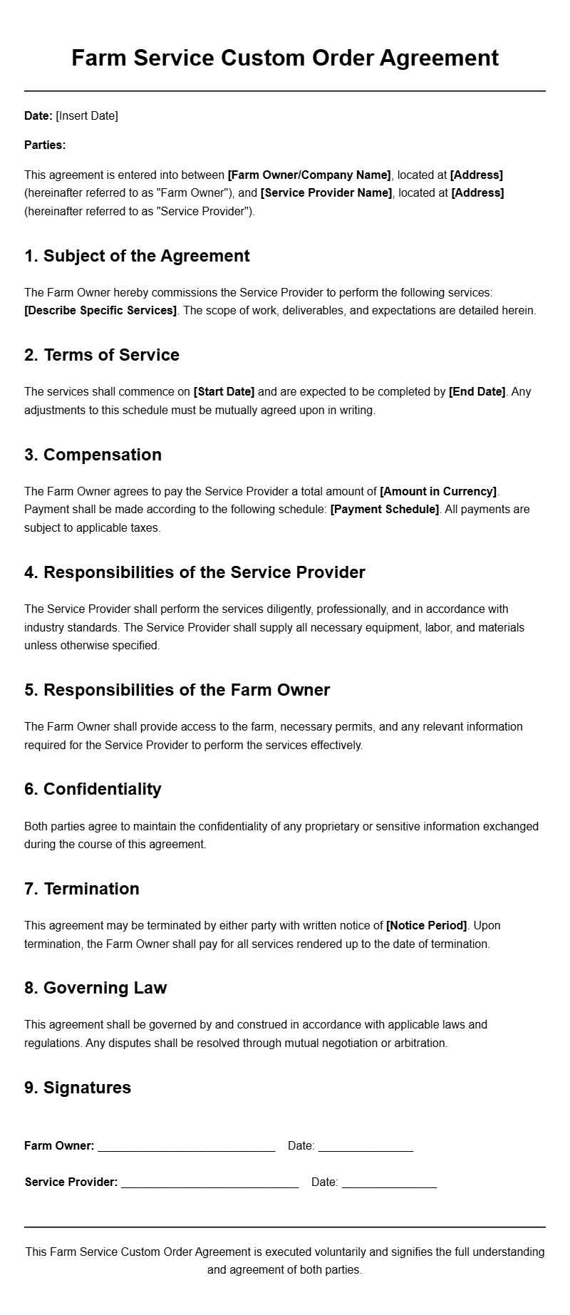 Farm Service Custom Order Agreement Templates