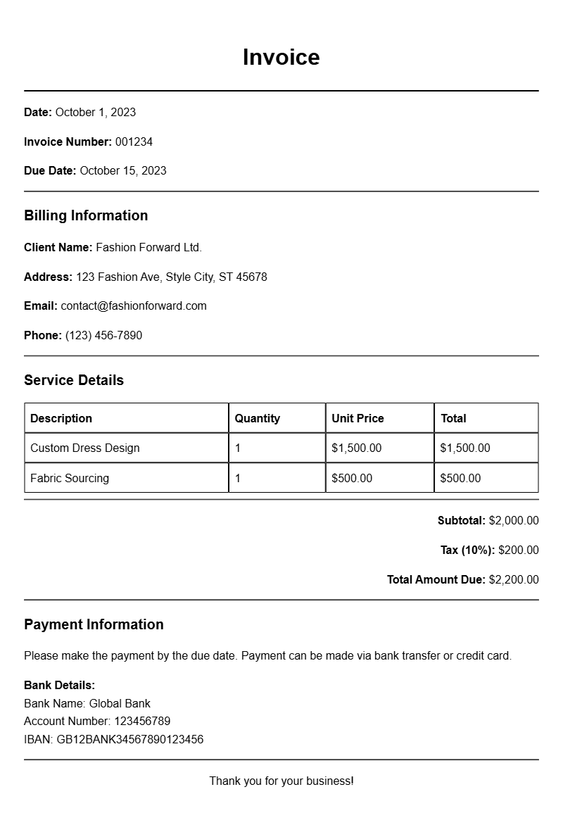 Fashion Designer Invoice Samples for Your Business Needs