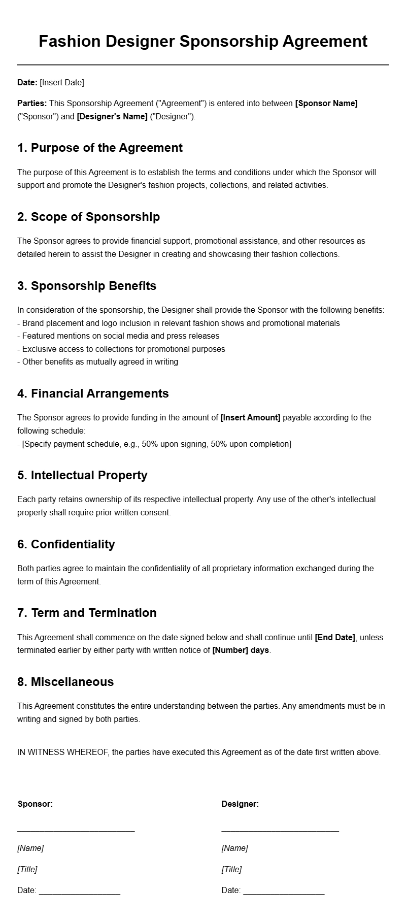 Fashion Designer Sponsorship Agreement Templates for Professionals Fashion Designer Sponsorship Agreement Templates for Professionals