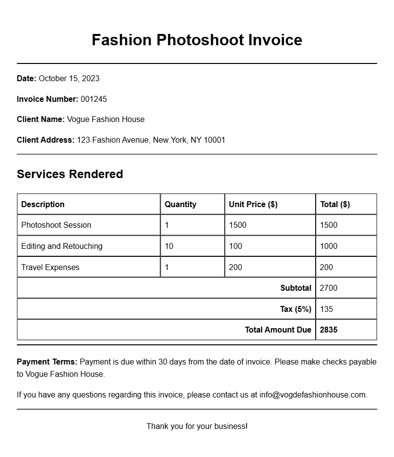 Fashion Photoshoot Invoice Samples for Your Business Needs